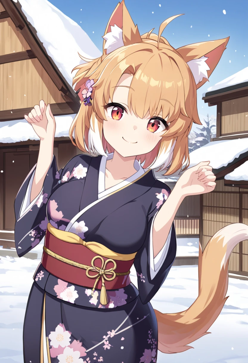  best quality、 very cute 、細身の体、Very small、 cat fox ears and tail、Red eyes、Yellow long hair 、 hair that flutters like、Snow Scene、Old straw house、Japanese Housing、 Japanese Kimono、Fox pose、smile