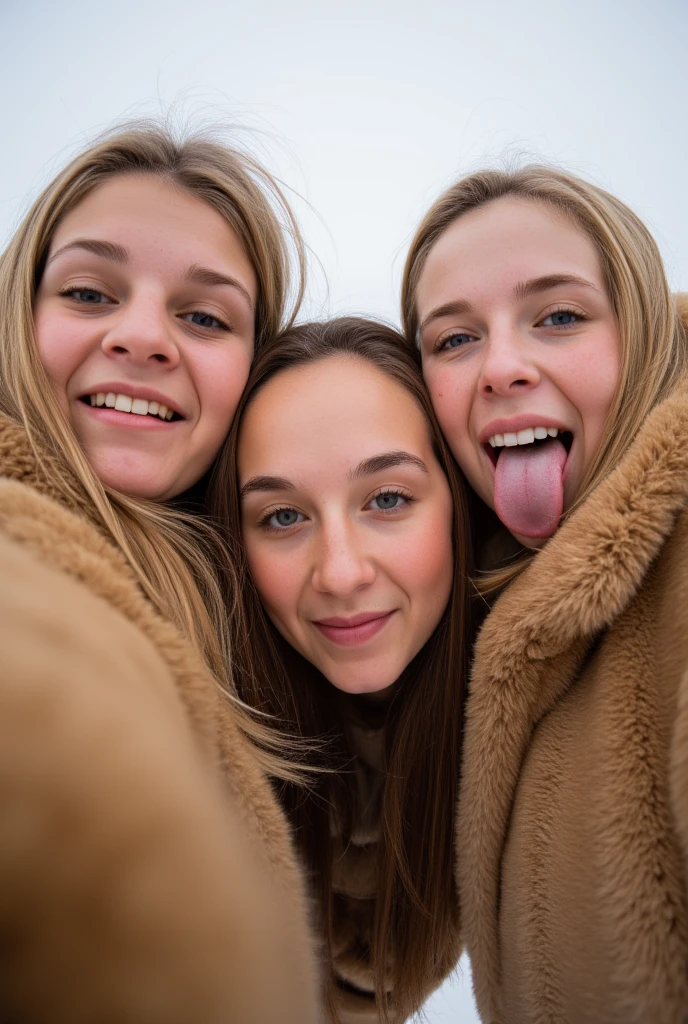  is wearing a fluffy fur coat、Fair-skinned、 RUSSIAN GIRLS。Blonde、winter、 Brown fur、 Voluminous Fur 。(((smile、Sexy Breasts、Armpits)))3 people　。3 GIRLS 。
Amateur photography selfie of a young crazy female with open mouth and [uvula|tongue|uvula], [laughing|yawning|laughing], looking eyes at camera, sweatpants, Bra, standing, sneakers, ultra high quality, very detailed skin (skin pores, blemishes, tiny freckles [and moles ]) [tastebuds on tongue] [:perfect eyes:0.24] 