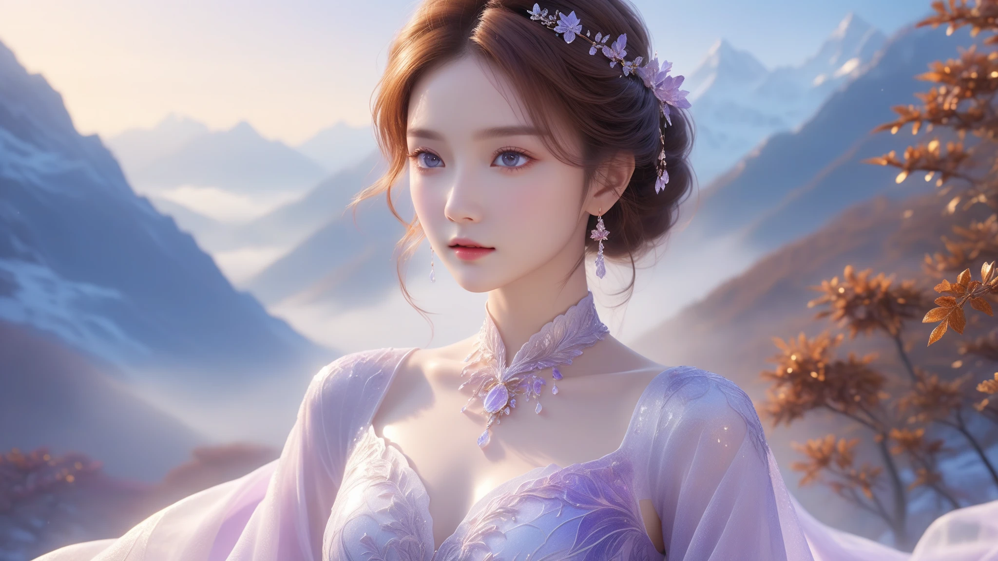 A Masterpiece In 32K Resolution, Supreme Quality, Super Detail, Official Art, Cinematic Lighting, Beautiful And Aesthetic, Ultra-Detailed Features, Very High-Resolution 32K Wallpaper. A Girl With Crystal-Textured Skin, A Cold Look, And Smooth Movement, Adorned With An Attractive Pattern And Dressed Sensually To Highlight Her Ample Breasts. Gentle Breeze, Scattered Leaves, Misty Mountain Background, Porcelain Texture Skin, Soft and Mysterious Look, Chestnut Hair, Short and Edgy, Violet Eyes, Elegant Stance, Intricately Delicate, Foggy Peaks, Stunning Eye Details, Fine Detailing, Cinematic Lighting, Charming Expression, Calm Snow Surface, Original Portraits, Super Detailed, Incredibly Detailed, An Ethereal and Serene Beauty, Gorgeous Eyes, Upper Body, Gazing Ahead, Mystical, Full Body, Front View.