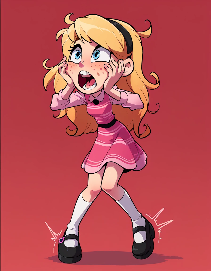 1girl, full body, solo, penny peterson, long hair, blue eyes, freckles, blonde hair, skirt, hairband, black hairband, white socks, dress, pink dress, long sleeves, mary janes, black mary janes, Screaming, hands on cheeks, legs Shaking, Scary Red Background, yellow twirl eyes, open mouth