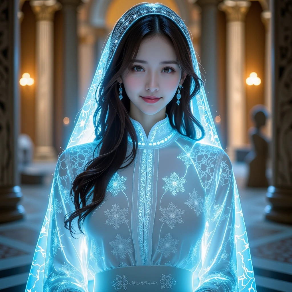 An elegant East Asian woman wearing a luminous robe with intricate Gothic-style lace patterns, featuring glowing blue lines that create a mesmerizing effect. Over this robe, she wears a matching lace veil glowing softly in blue, seamlessly blending with her attire. Beneath the glowing robe, she is dressed in a layered outfit, including an elegant, opaque fabric blouse with detailed lace decorations around the neckline and upper chest. The blouse adds depth and refinement, contrasting gracefully with the luminous outer layer. Her long, flowing hair cascades gracefully down her shoulders, and she wears a gentle, kind smile that enhances her serene and elegant appearance. The background is set inside a grand Roman temple, with towering marble columns, intricate carvings, and warm ambient lighting, creating a harmonious blend of historical grandeur and futuristic elegance. Her calm and expressive face is softly illuminated by the glowing patterns of the robe.