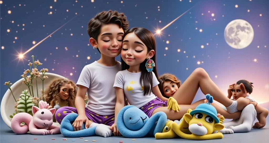 REFERENCE: DISNEY PIXAR 3D

CHARACTERS: BOY, , LIGHT BROWN, HAIR CUT SHORT ON THE SIDES AND CURLY ON TOP, WEARS A WHITE TSHIRT AND PURPLE PAJAMA PANTS WITH YELLOW ALIENS AND WHITE SOCKS, SLEEPING WITH HIS EYES CLOSED AND A SLIGHT SMILE. GIRL, , SLEEPING WITH HER EYES CLOSED, BEAUTIFUL, SENSUAL, ATTRACTIVE, BRAZILIAN INDIAN, LIGHT BROWN SKIN, LONG STRAIGHT BLACK HAIR, WEARING A COLORFUL SKIN AS AN EARRING, A WHITE TSHIRT AND A SHORT PURPLE SHORT WITH A YELLOW ALIENS THEME, VERY SHORT AND WHITE SOCKS.

SETTING: A SKY WITH STARS AND SHOOTING STARS with small details in lilac purple and blue

SCENE: THE COUPLE IS SITTING ON A WANING MOON, A PLAYFUL AND POETIC SCENE, AS IF IT WERE A DREAM, SHE LEAN HER HEAD ON THE BOY'S SHOULDER, THE BOY LEAN HIS HEAD ON HER HEAD.