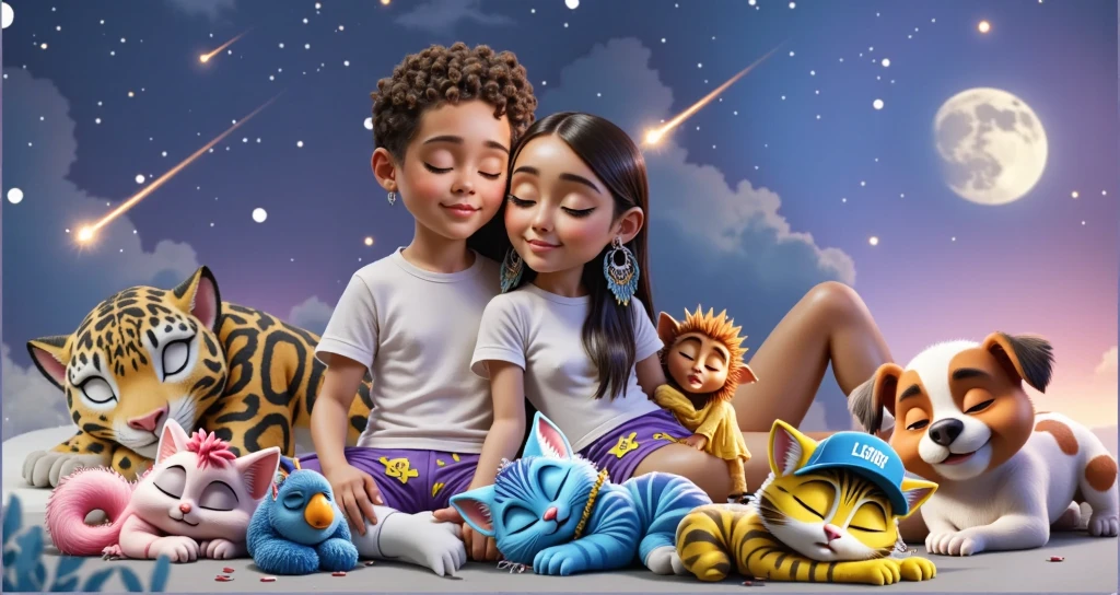 REFERENCE: DISNEY PIXAR 3D

CHARACTERS: BOY, , LIGHT BROWN, HAIR CUT SHORT ON THE SIDES AND CURLY ON TOP, WEARS A WHITE TSHIRT AND PURPLE PAJAMA PANTS WITH YELLOW ALIENS AND WHITE SOCKS, SLEEPING WITH HIS EYES CLOSED AND A SLIGHT SMILE. GIRL, , SLEEPING WITH HER EYES CLOSED, BEAUTIFUL, SENSUAL, ATTRACTIVE, BRAZILIAN INDIAN, LIGHT BROWN SKIN, LONG STRAIGHT BLACK HAIR, WEARING A COLORFUL SKIN AS AN EARRING, A WHITE TSHIRT AND A SHORT PURPLE SHORT WITH A YELLOW ALIENS THEME, VERY SHORT AND WHITE SOCKS.

SETTING: A SKY WITH STARS AND SHOOTING STARS with small details in lilac purple and blue

SCENE: THE COUPLE IS SITTING ON A WANING MOON, A PLAYFUL AND POETIC SCENE, AS IF IT WERE A DREAM, SHE LEAN HER HEAD ON THE BOY'S SHOULDER, THE BOY LEAN HIS HEAD ON HER HEAD.