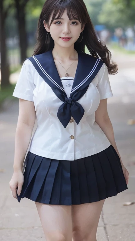 full body shot, from below,  japanese mature,  detailed face , Facial wrinkles, smile,  detailed skin texture ,  white skin, (curvy body, Large Breasts,  plump thighs:1.5), ( school uniform,  sailor suit , JK_style, short-sleeved JK_sailor,  Navy Blue Pleated Mini Skirt, earrings,  Necklaces :1.2), (Short socks,  wearing loafers :1.2), ( full body shot from toe to head wearing black high heels,  standing in the park:1.2), ( surrealism, best quality, ultra detailed, absolutely resolution, 8k, anatomically correct), depth of field, looking at viewer, tachi-e, (bimajo ), (And)