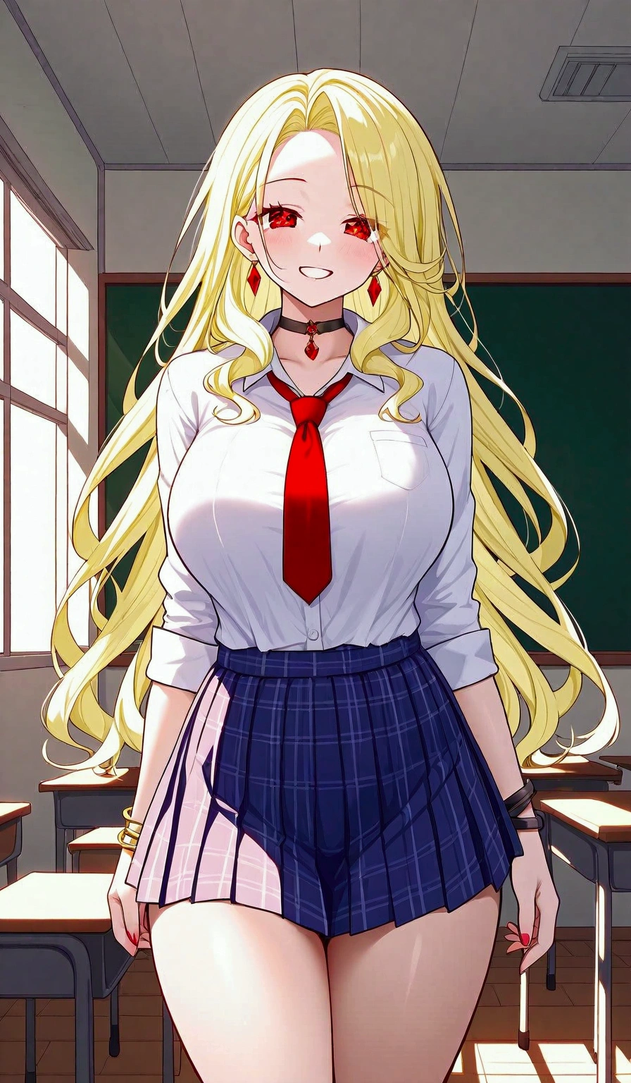 marinkitagawa, marin kitagawa, long hair, bangs, blonde hair, (red eyes:1.5), multicolored hair, smile, grin,
BREAK skirt, shirt, jewelry, school uniform, white shirt, pleated skirt, earrings, necktie, choker, bracelet, blue skirt, plaid, black choker, plaid skirt,
BREAK indoors, classroom,
BREAK looking at viewer, (cowboy shot:1.5),
BREAK (masterpiece:1.2), best quality, high resolution, unity 8k wallpaper, (illustration:0.8), (beautiful detailed eyes:1.6), extremely detailed face, perfect lighting, extremely detailed CG, (perfect hands, perfect anatomy), rating_explicit, big boobs, huge ass