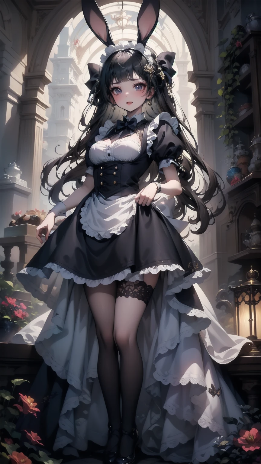 (masterpiece,  best quality,  Official Art,),  1 girl ,  beautiful face,  blue eyes,  smiles lightly, Long Hair,  brown hair, medium breast,  maid outfit , Black gathered skirt, Bunny Ear Band,  Dynamic Poses ,  Fascinating , flower, garden, tree, Dynamic Lighting,  detailed background,  intricate and detailed ,  delicate details