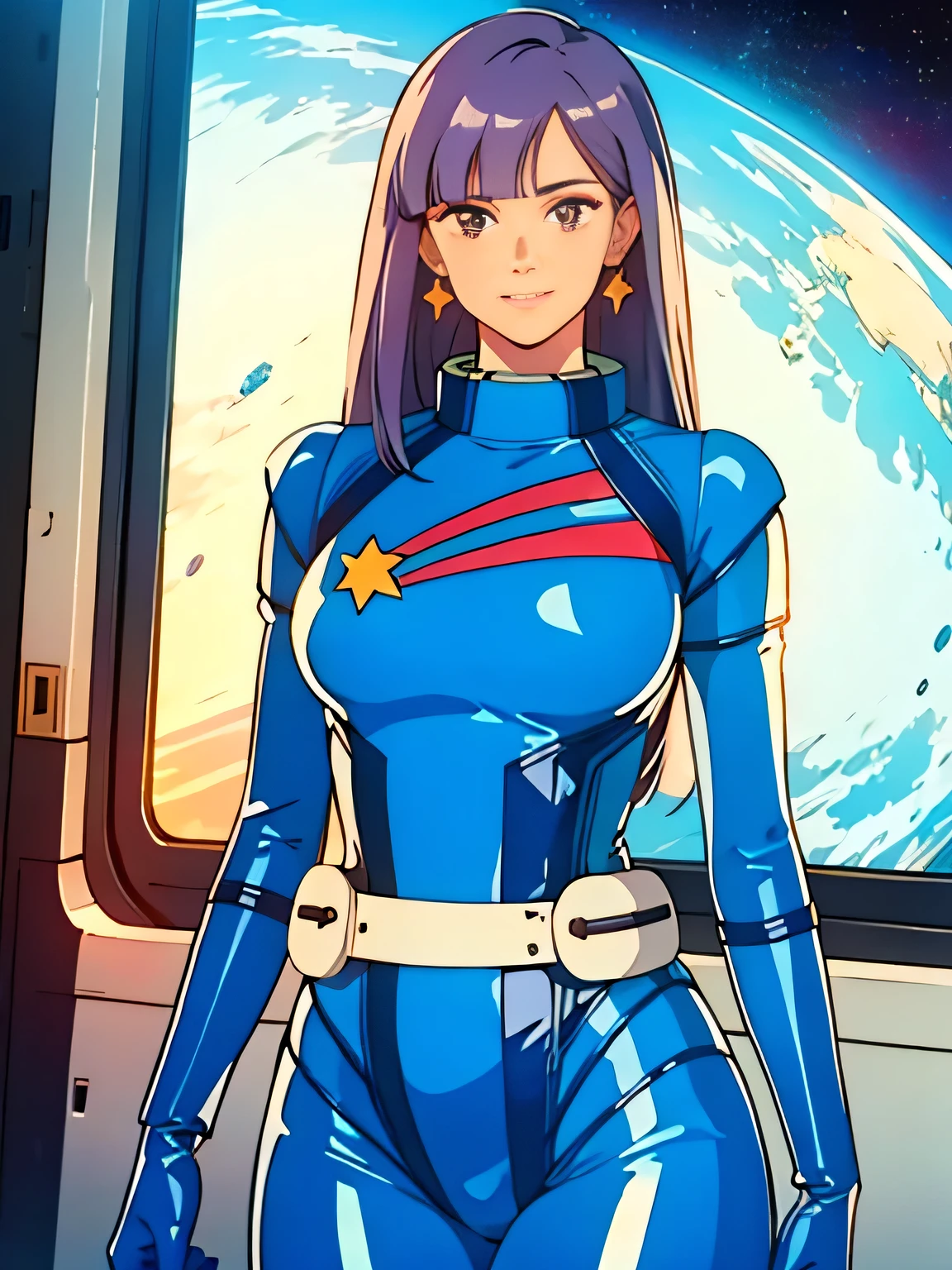 ((masterpiece,cg,best quality,highres)), good anatomy,extremely delicate and beautiful,(semi-realistic:1.5),detailed eyes,perfect face,beautiful face,1girl,solo,louka,blue pilot suit, long hair, purple hair, latex suit, white belt,star mark, light smile, facing viewer,,standing beside window, sexy, alluring, cowboy shot, curvy hips, inside spacecraft,galaxy,planet,glass, cameltoe