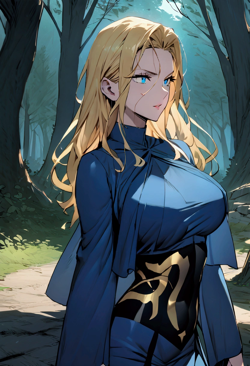 ((Best quality)), ((Masterpiece)), (detailed), perfect face perfect figure, Middle Ages, forest background, Sorceress Woman, woman in a robe, Golden hair, Blue eyes, tight blue robe