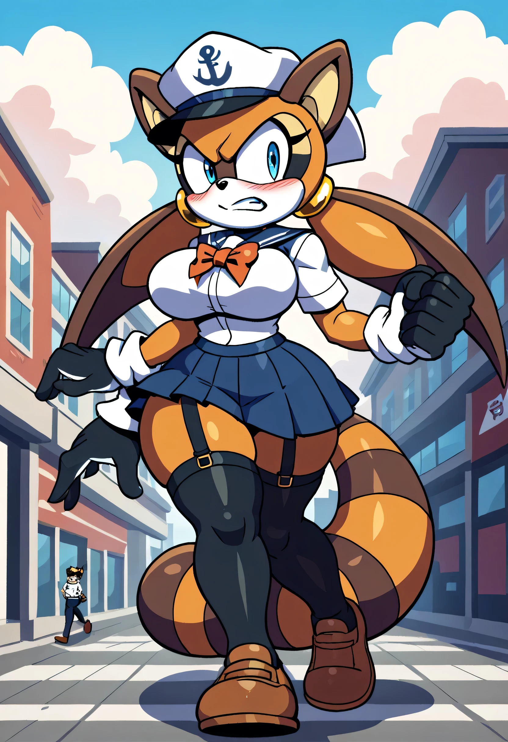 Marine the raccoon,bat,angry look, blushing,schoolgirl vest, sailor hat , long hair ,,schoolgirl skirt,blue eyes, black stockings with straps,,  black gloves , small hips , large breasts,small hip,  Big Thighs,   walking on the street ,a lot of buildings in the background, at sunset  