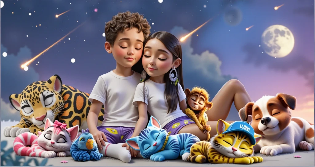 REFERENCE: DISNEY PIXAR 3D

CHARACTERS: BOY, , LIGHT BROWN, HAIR CUT SHORT ON THE SIDES AND CURLY ON TOP, WEARS A WHITE TSHIRT AND PURPLE PAJAMA PANTS WITH YELLOW ALIENS AND WHITE SOCKS, SLEEPING WITH HIS EYES CLOSED AND A SLIGHT SMILE. GIRL, , SLEEPING WITH HER EYES CLOSED, BEAUTIFUL, SENSUAL, ATTRACTIVE, BRAZILIAN INDIAN, LIGHT BROWN SKIN, LONG STRAIGHT BLACK HAIR, WEARING A COLORFUL SKIN AS AN EARRING, A WHITE TSHIRT AND A SHORT PURPLE SHORT WITH A YELLOW ALIENS THEME, VERY SHORT AND WHITE SOCKS.

SETTING: A SKY WITH STARS AND SHOOTING STARS with small details in lilac purple and blue

SCENE: THE COUPLE IS SITTING ON A WANING MOON, A PLAYFUL AND POETIC SCENE, AS IF IT WERE A DREAM, SHE LEAN HER HEAD ON THE BOY'S SHOULDER, THE BOY LEAN HIS HEAD ON HER HEAD.