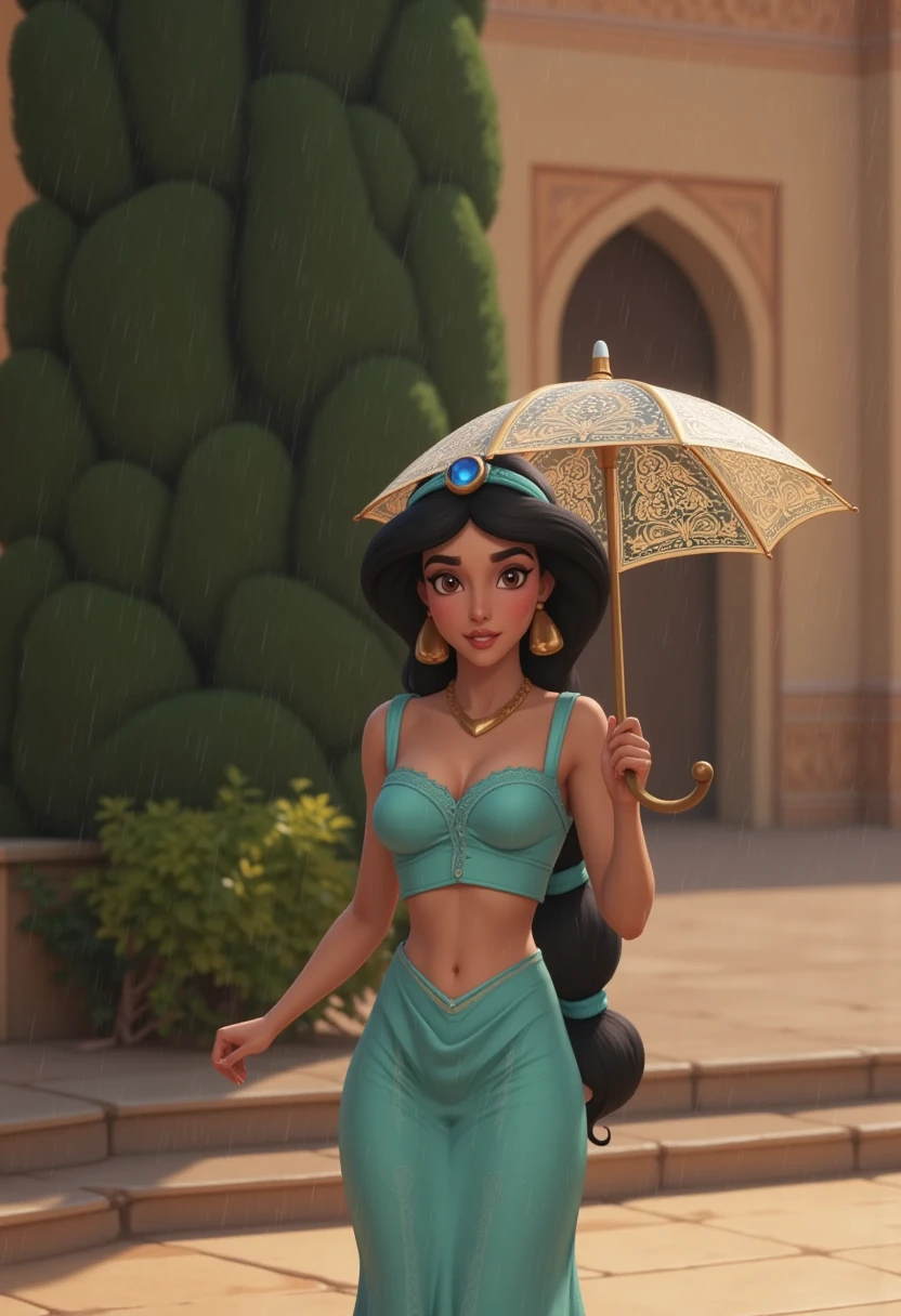 A beautiful Arabian girl walking in the rain, long dark hair, detailed facial features, elegant dress, graceful posture, rain drops on skin, umbrella, moody lighting, muted color palette, cinematic composition, (best quality,4k,8k,highres,masterpiece:1.2),ultra-detailed,(realistic,photorealistic,photo-realistic:1.37),dramatic lighting,cinematic atmosphere,intricate details,atmospheric mood,stunning Arabian architecture in the background,lush greenery,dramatic rainstorm