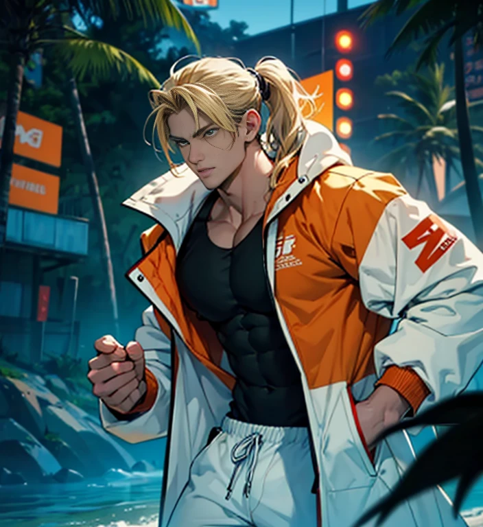 tall, super handsome, strong young adult scientist, with toned muscles, blonde hair styled in a ponytail, wears a green and white open scientific coat, shows off his toned body, is possessed by the ghost of an idiot athlete, has colored eyes bright brown with a lost look, flexing his biceps on a beach demonstrating his possession,