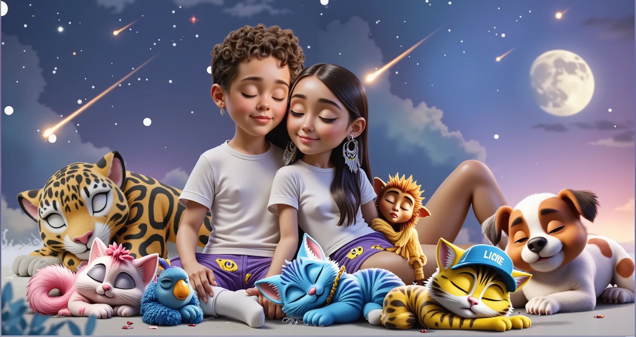 REFERENCE: DISNEY PIXAR 3D

CHARACTERS: BOY, , LIGHT BROWN, HAIR CUT SHORT ON THE SIDES AND CURLY ON TOP, WEARS A WHITE TSHIRT AND PURPLE PAJAMA PANTS WITH YELLOW ALIENS AND WHITE SOCKS, SLEEPING WITH HIS EYES CLOSED AND A SLIGHT SMILE. GIRL, , SLEEPING WITH HER EYES CLOSED, BEAUTIFUL, SENSUAL, ATTRACTIVE, BRAZILIAN INDIAN, LIGHT BROWN SKIN, LONG STRAIGHT BLACK HAIR, WEARING A COLORFUL SKIN AS AN EARRING, A WHITE TSHIRT AND A SHORT PURPLE SHORT WITH A YELLOW ALIENS THEME, VERY SHORT AND WHITE SOCKS.

SETTING: A SKY WITH STARS AND SHOOTING STARS with small details in lilac purple and blue

SCENE: THE COUPLE IS SITTING ON A WANING MOON, A PLAYFUL AND POETIC SCENE, AS IF IT WERE A DREAM, SHE LEAN HER HEAD ON THE BOY'S SHOULDER, THE BOY LEAN HIS HEAD ON HER HEAD.