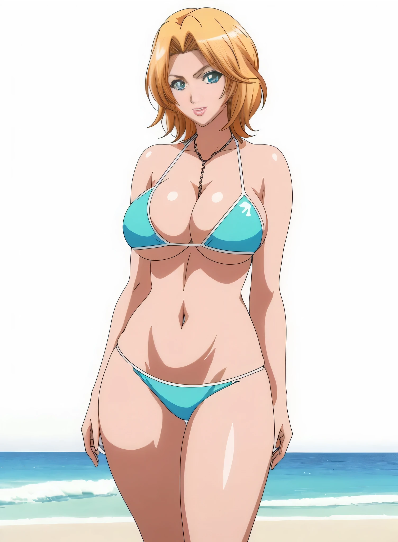 cartoon image of a woman in a bikini posing for a photo, Alone, Girl with short blonde hair,  short hair,  hair between eyes, medium hair, loose hair strand, Green Eyed Girl,  boobs,  boobs proportions,  blue bikini,  software version , in a triangle bikini,  very large breasts, lipstick, bikini top with an blue, bikini bottom with an blue, Big Breasts,  sexy butt, smile,  very large breasts!!, Tall,  full body close-up shot , thick,  very large breastsを持つ,  high definition ,  very large breasts!, cartoon image of a woman in a bikini posing for a photo with huge covered sfw breasts ,  naughty anime style , Very realistic, Best anime girl, Gwaiz-inspired artwork,  detailed digital anime art, Fully shaded body,  realistic anime 3d style ,  BEAUTIFUL ATTRACTIVE ANIME GIRLS,  realistic anime art style, Realistic Shade Perfect Body,  cowboy shot, looking at viewer, Female focus,