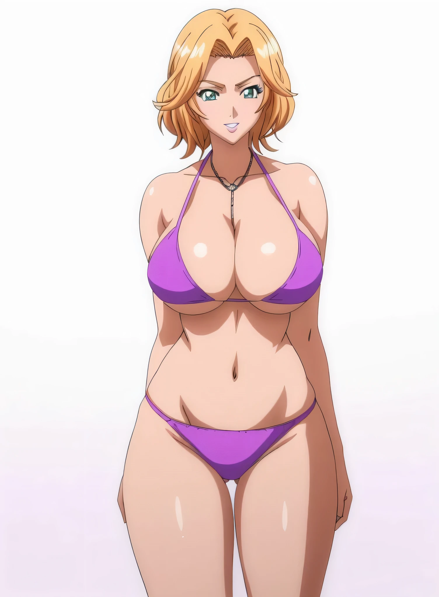 cartoon image of a woman in a bikini posing for a photo, Alone, Girl with short blonde hair,  short hair,  hair between eyes, medium hair, loose hair strand, Green Eyed Girl,  boobs,  boobs proportions, Purple Bikini,  software version , in a triangle bikini,  very large breasts, lipstick, bikini top with an purple, bikini bottom with an purple, Big Breasts,  sexy butt, smile,  very large breasts!!, Tall,  full body close-up shot , thick,  very large breastsを持つ,  high definition ,  very large breasts!, cartoon image of a woman in a bikini posing for a photo with huge covered sfw breasts ,  naughty anime style , Very realistic, Best anime girl, Gwaiz-inspired artwork,  detailed digital anime art, Fully shaded body,  realistic anime 3d style ,  BEAUTIFUL ATTRACTIVE ANIME GIRLS,  realistic anime art style, Realistic Shade Perfect Body,  cowboy shot, looking at viewer, Female focus,