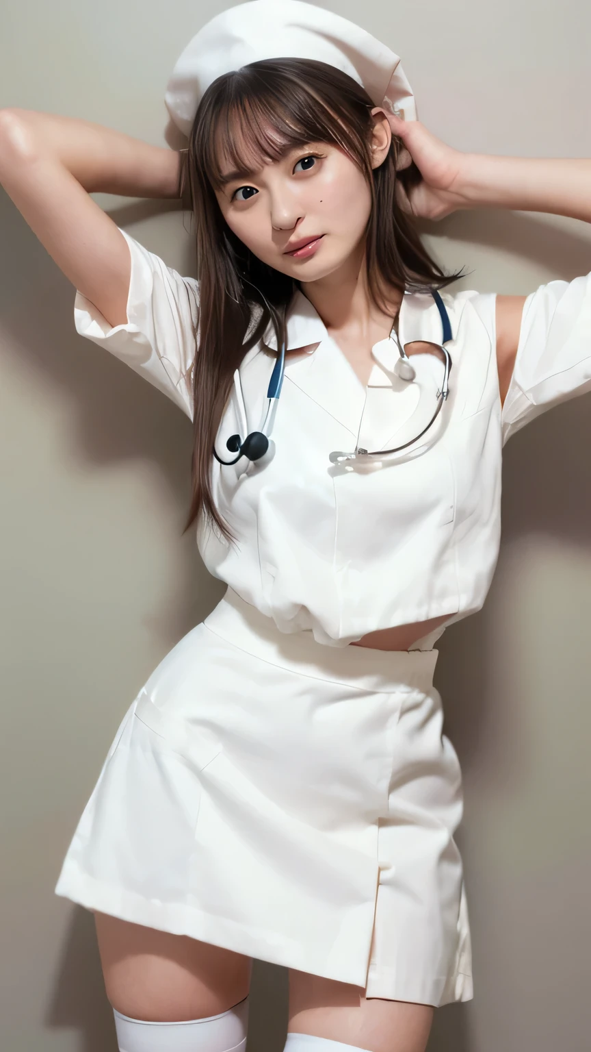(超 high definition , masterpiece, anatomically accurate , textured skin, super detailed, best quality, high definition , 8k, bloom, Front light:1.2, Perfect dynamic composition), (24 years old, 1 person, cute sexy nurse gives you an erotic feeling ), ( Sexy Face, Long face, Looking into the Distance , Gentle eyelids, thin eyebrows, Gentle eyelids, Hawk-like nose), ( gal makeup), ( eyeliner ), ( leaning against the wall and staring 、 completely captivating from above the camera ), ( Sensual eyes), ( A beautiful taste of sensuality ), ( Too Cute Beauty ), ( :1.3), ( light brown hair :1.4), (Long Hair, Inner Roll, bangs, Smooth hair), (Tight white nurse outfit :1.3), ( White Tight Skirt :1.2), ( white stockings :1.3), ( small breasts ), Hospital room, bed, Stethoscope, (Put your arms around your back:1.5), ( cowboy shot ), ( Photos Volume Unlocked ), ( strong),
