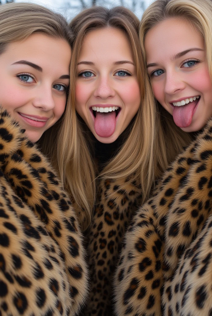  is wearing a fluffy fur coat、Fair-skinned、Russian girls 。Blonde、winter、leopard print fur、 Voluminous Fur 。(((smile、Sexy Breasts、Armpits)))3 people　。3 GIRLS 。
Amateur photography selfie of a young crazy female with open mouth and [uvula|tongue|uvula], [laughing|yawning|laughing], looking eyes at camera, sweatpants, Bra, standing, sneakers, ultra high quality, very detailed skin (skin pores, blemishes, tiny freckles [and moles ]) [tastebuds on tongue] [:perfect eyes:0.24] 