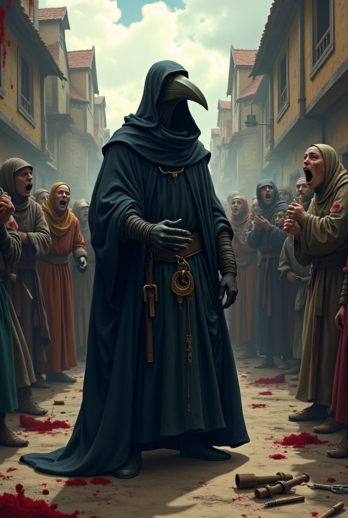 Bishop flees through a dark basement door as corpse-like hands with long, sharp nails tear off his skin. His face suffers because a crucifix pierces one eye. Around the door hundreds of bleeding inverted crosses and on the ground rotting rats mixed in the fog with decomposing bones 
