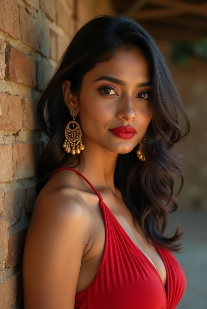 Beautiful ,23 years young girl,confident looking,8k,realistic,dark brown hair,fair skin, indian,long hair,clear facial features, showing cleavage, wearing frok, nose ring, beautiful red color and flowers 🌷🌹and hairs on face make it seductive effect, full body picture, red rose lips