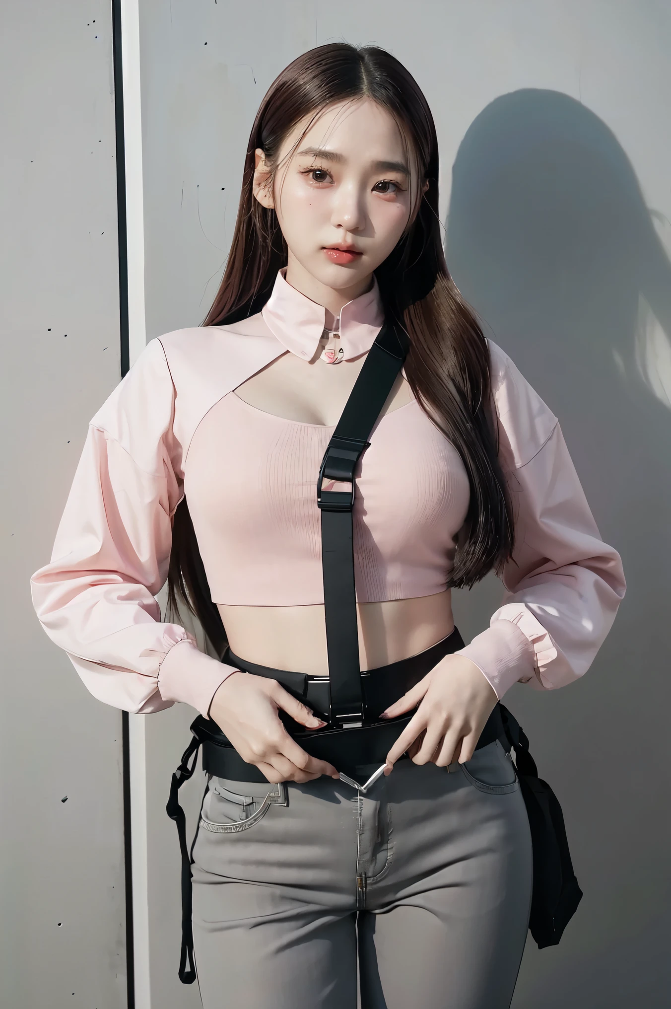 (Highest image quality, outstanding details, ultra-high resolution), (realism: 1.4), favor details, highly condensed 1 beautiful Korean girl, with a delicate and beautiful face, ((cowboy shot)), (a bit chubby:0.4), (wearing black racing suit likes police uniform, black and pink mecha pants, wearing military harness, holding a machinegun), background simple grey concrete,