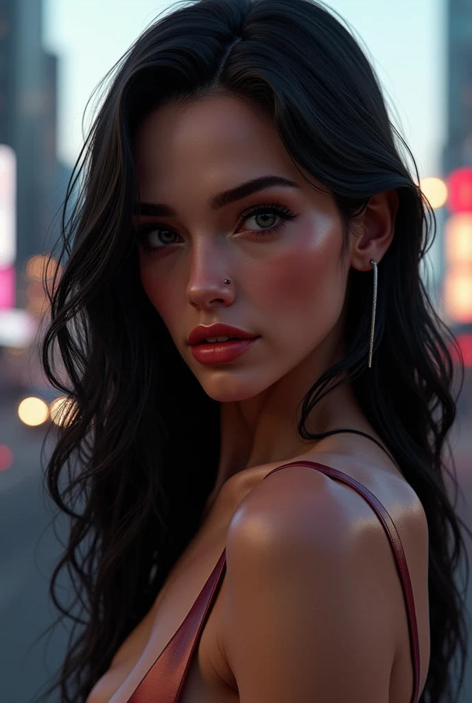 (8K, 4K, Best Quality, Highres, Ultra High Res:1.1), (Masterpiece, Realistic, Photo-Realistic:1.1), 1girl, Face, Close-Up, Blonde Hair, Black Eyes, Red Lips, (Looking in Audience: 2), Wearing burkha, muslim, ridiculously long hair, long eyelashes, eye shadow, small face, big eyes, bare shoulders, high contrast,city