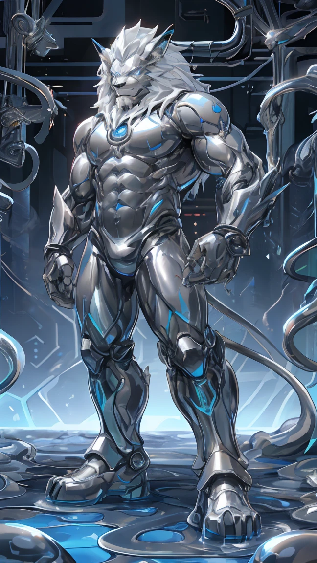 male, Synthesizer , metal silver slime body,  silver metallic sticky mucus , sticky skin ,sticky skin,Machine Tool , Android, Leomon Silver Lion ,Digimon,lion,male, network Hive. Full Body Mechanical Bodysuit . Mechanical Lion  . full-body photo . Liquid Metal Mecha Cover .silver metal bodysuit, Glossy Metallic Bodysuit ,  Evil Smile .  glowing eyes. Detailed Skin  ,Intricate skin details, Smooth Reflective Leather .standing posture.legs spread. Hands Crossed Hips.liquid metal pool.liquid metal tentacle.INSECT NESTS.Big crotch bag.erect.absorption, goo skin, silver slime, enamel,unrecognizable ,Transform  ,,melt,Tentacles,gender.Drooling.. full-body photo .Excited.clear hands and feet .. silver metallic sticky mucus , sticky skin ,goo leather ,  silver smooth leather.Tentacles纏繞身體.黏糊糊Tentacles纏繞身體