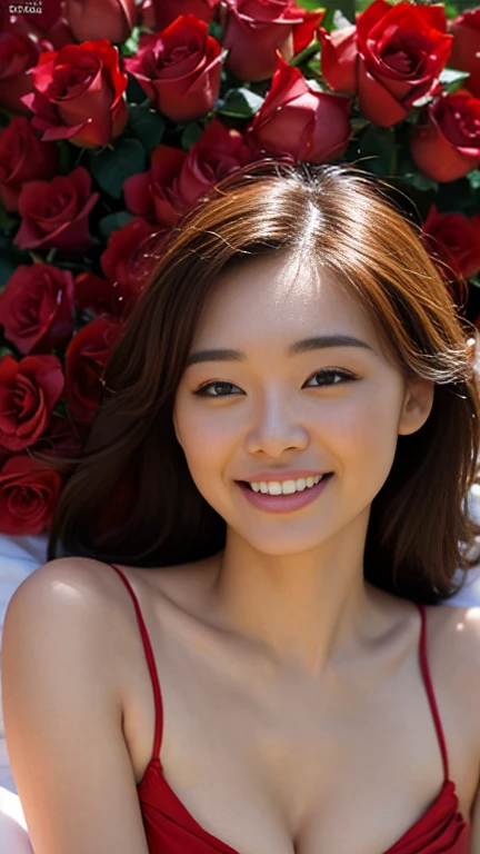 (photorealism:1.2), beautiful woman, small breasts:1.3, round breasts, exposed vagina, lying on bed of red roses, beautiful smile, detailed face, highly detailed, 8k, hyper realistic, vibrant colors, dramatic lighting, seamless, flawless skin, elegant pose
