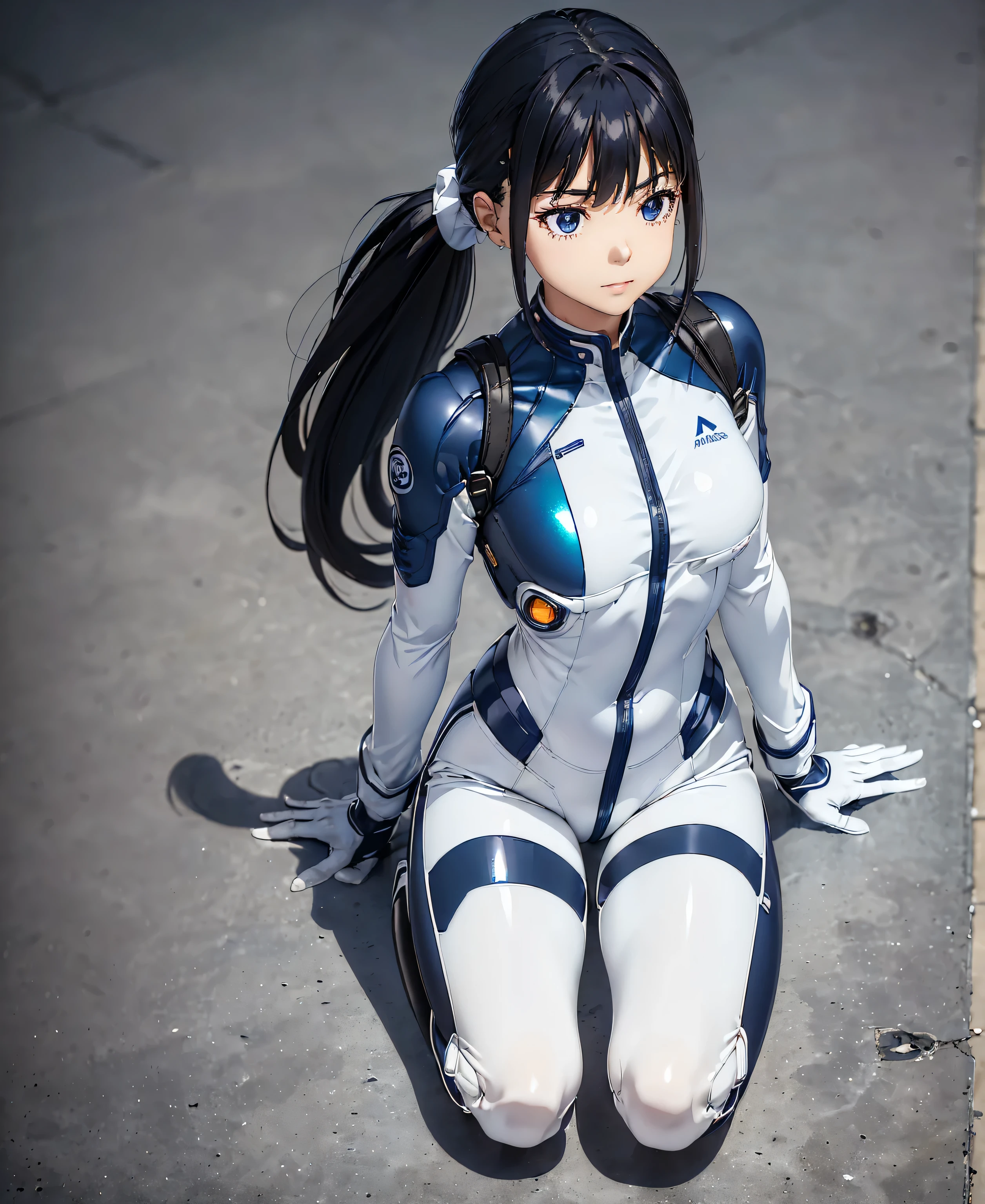 ((Holographic glow effect)),(masterpiece, best quality, highest resolution,Clear_image,Detailed details,The angle is from above): (solo,A girl alone,Japanese Faces, high knot ponytail,Dark blue hair girl, smaller breasts,( perfect body for a lawn:1.4), Sparkling Blue Eyes ,(White and navy blue pilot suit,White and navy blue zero suit,White and navy bodysuit,White and navy tight-fitting clothing, full white and navy blue cover with a blue bouquet,White and navy thigh-covering pants,White and navy shoulder cover outfit,White and navy cropped jacket,White and navy shiny clothes,White and navy tight-fitting pants that hide the legs,Armor to hide the chest,Hide your shoulders), scene ,Detailed Skin,Slim body,Exoskeleton, cute,A gentle smile,Soft expression,heroine,White and navy blue long boots,Elbow-length gloves),Mirror-polished floor,inoue takina,cockpit,Mecha,mechanical body,Fantasy,ROMANCE,CIENTIFCA,TEEROR,COMICS,NFWS,hero,JK,Kneel,Mirror-polished floor
