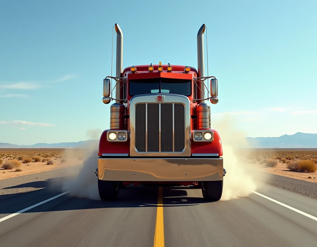 A vintage Peterbilt 281 truck, identical to the one from the movie Duel, roaring down a desolate, two-lane highway under a clear blue sky. The truck is framed from the front, with its imposing grille and large tires visible. The highway is straight and empty, with distant horizons and sparse vegetation. The sun is high, casting sharp shadows and highlighting the truck's menacing presence. The composition is dynamic, with the road leading the eye towards the horizon. The action is intense, with the truck's engine roaring and dust flying as it speeds forward.