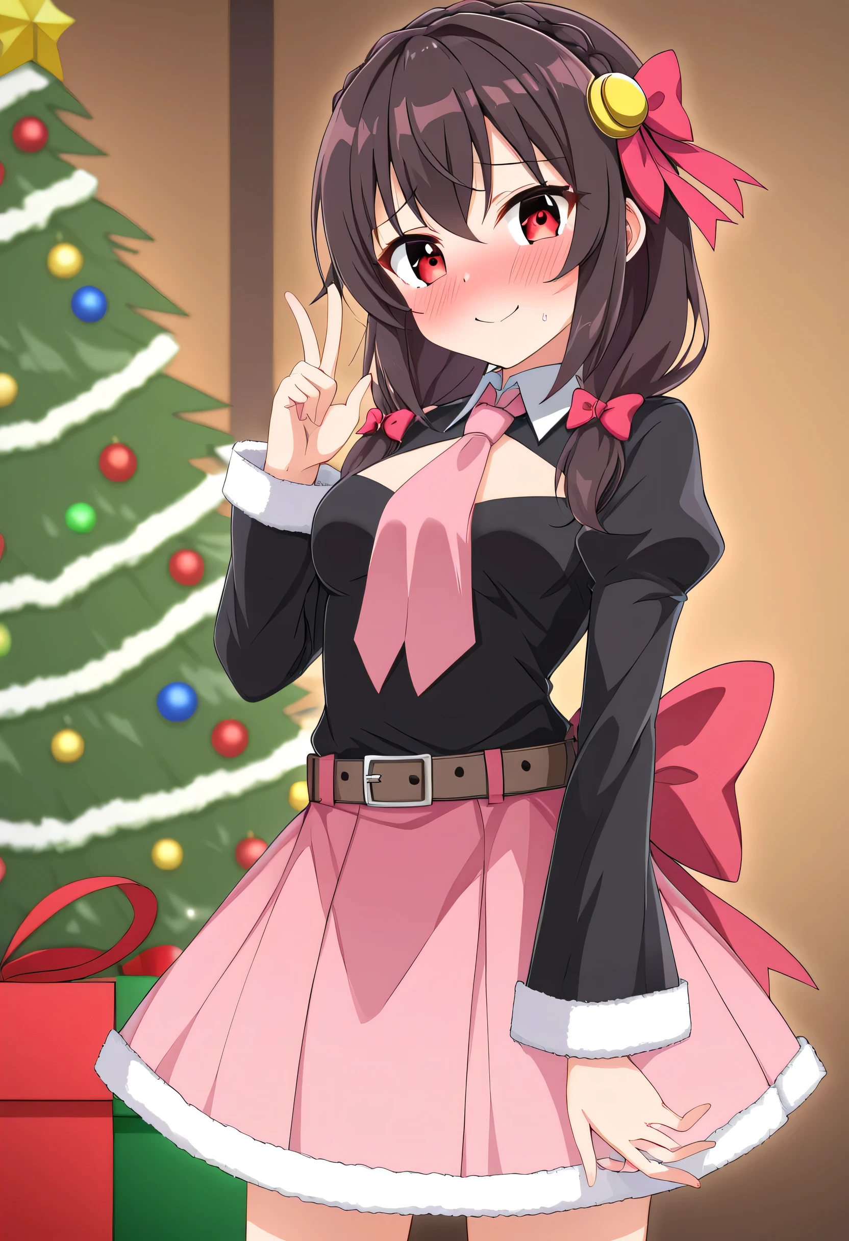 yunyun、masterpiece, best quality,  high definition ,one person, Yunyun、 Former name yunyun,  crown blade the same color as your hair,  black hair、Red eyes、 hair accessories,  hair bow , ( Pink tie :1.2), Black long sleeve,  Pink Skirts,  Knee Socks , belt, ( chest cutout),( Clevis)、 big-breasted 、(blush)、snow、( Christmas tree:1.2)、Standing、 open my eyes 、 with an embarrassed smile、 present