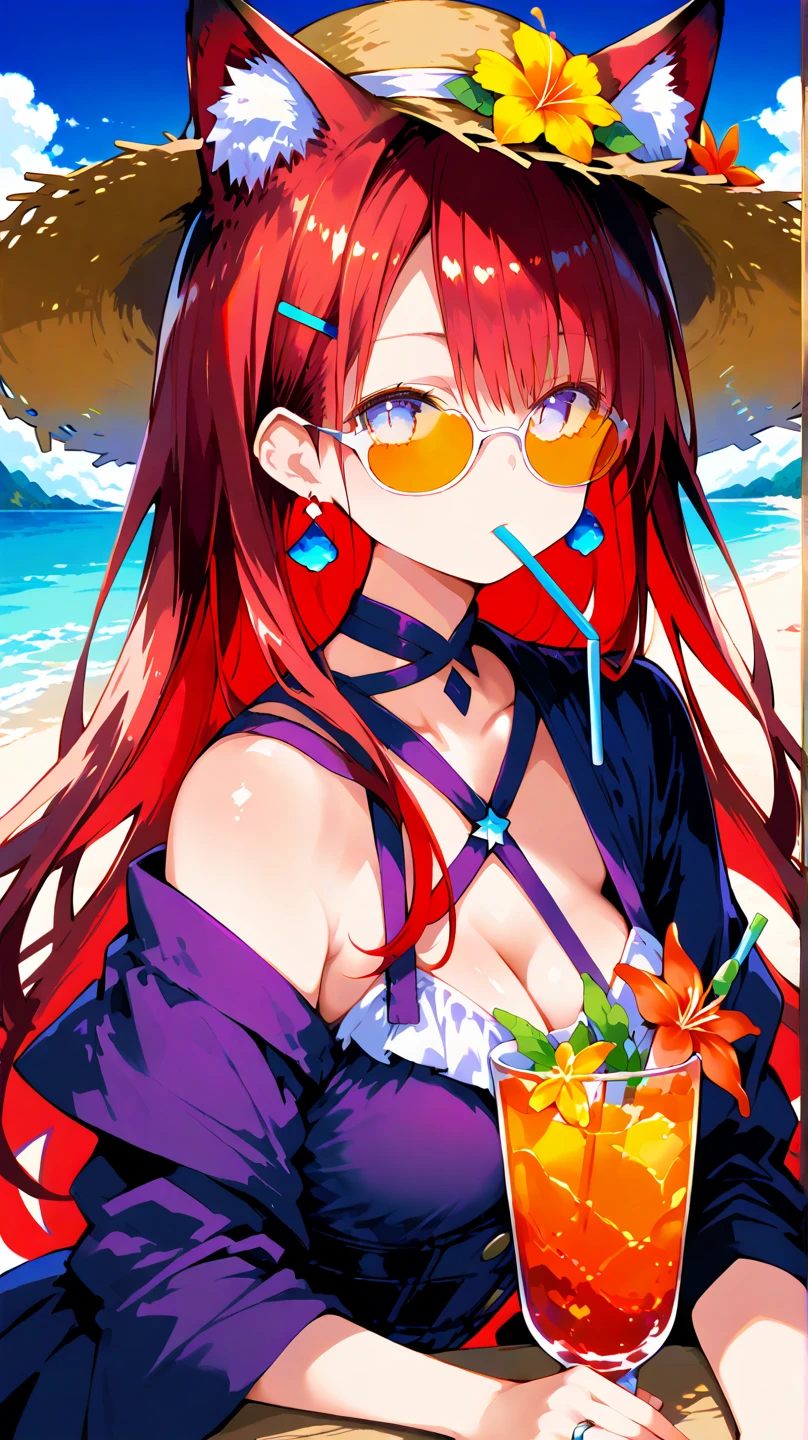 masterpiece,best quality,seaside,1girl,red eyes,red and purple hair,Extremely detailed eyes,
bikini <lora:yuelu bikini:0.8>,red Dragon horn,red belt,eyewear on head,see-through shirt,tulle off -the shoulder top,sitting on Picnic Mat,railing,holding wine glass,(yokozuwari:0.8),<lora:more_details:0.4> <lora:epi_noiseoffset2:0.3> <lora:lihui4JXK-b2-bf16-128-128-1-re1-ep3-768-DA-5015fix:0.7>wave,sandalwood,pearl lace,coconut tree,flower garden,sailboat and windmill on background,red ribbon on leg,food,bread,fruits,shaved ice,
