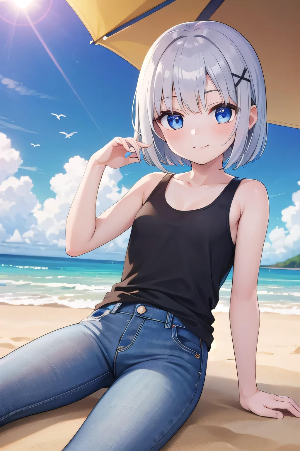 masterpiece, best quality, ultra detail, 1girl, 12yo, petite, smile happy, sand beach, sunshine, cloud, short hair, blue eyes, silver hair, hair ornament, x hair ornament, White tank Tops, jeans