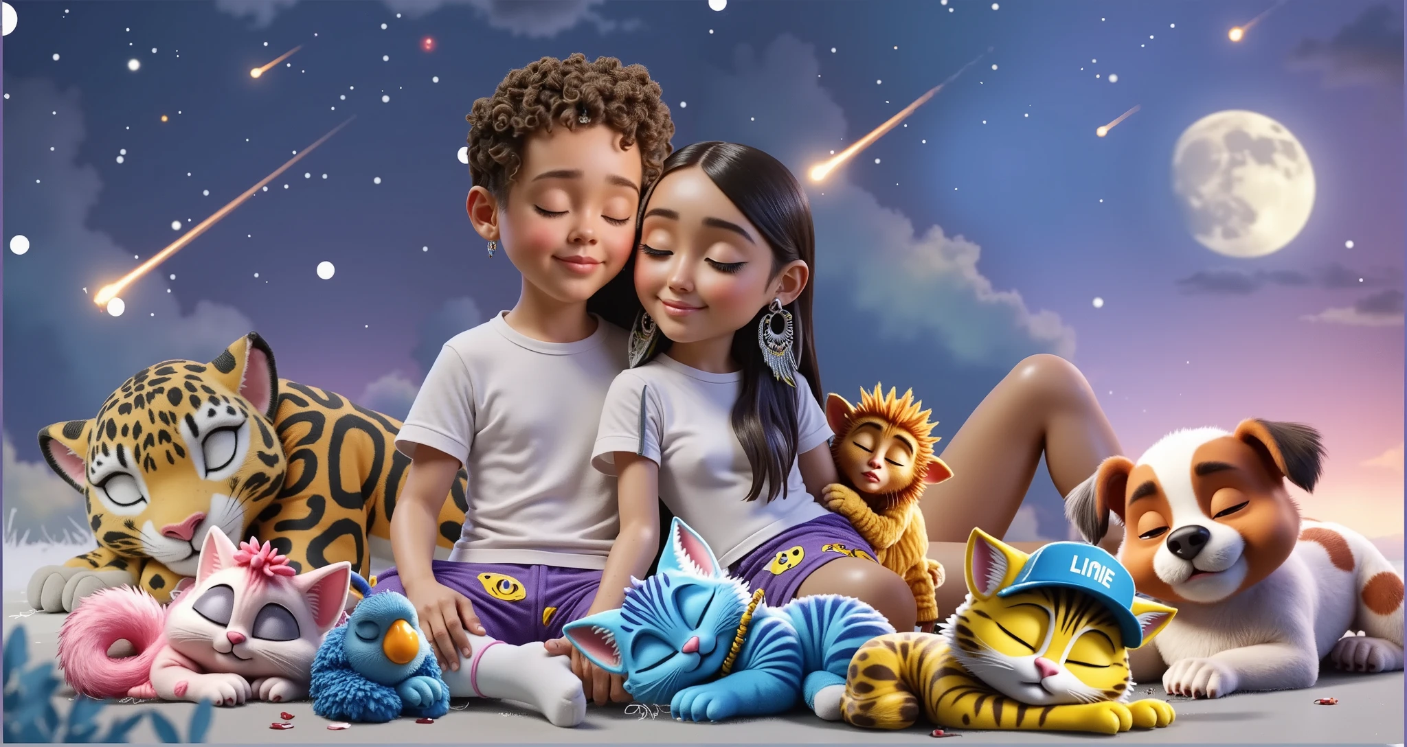 REFERENCE: DISNEY PIXAR 3D

CHARACTERS: BOY, , LIGHT BROWN, HAIR CUT SHORT ON THE SIDES AND CURLY ON TOP, WEARS A WHITE TSHIRT AND PURPLE PAJAMA PANTS WITH YELLOW ALIENS AND WHITE SOCKS, SLEEPING WITH HIS EYES CLOSED AND A SLIGHT SMILE. GIRL, , SLEEPING WITH HER EYES CLOSED, BEAUTIFUL, SENSUAL, ATTRACTIVE, BRAZILIAN INDIAN, LIGHT BROWN SKIN, LONG STRAIGHT BLACK HAIR, WEARING A COLORFUL SKIN AS AN EARRING, A WHITE TSHIRT AND A SHORT PURPLE SHORT WITH A YELLOW ALIENS THEME, VERY SHORT AND WHITE SOCKS.

SETTING: A SKY WITH STARS AND SHOOTING STARS with small details in lilac purple and blue

SCENE: THE COUPLE IS SITTING ON A WANING MOON, A PLAYFUL AND POETIC SCENE, AS IF IT WERE A DREAM, SHE LEAN HER HEAD ON THE BOY'S SHOULDER, THE BOY LEAN HIS HEAD ON HER HEAD.