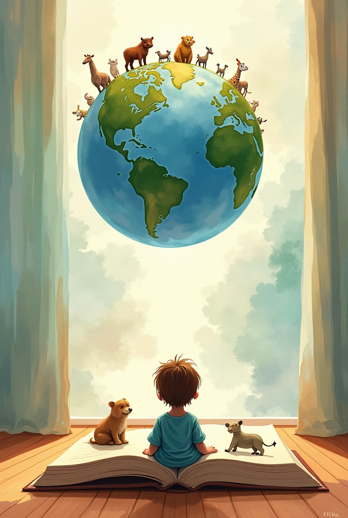 A room with a child sitting watching a globe stuck to the wall.