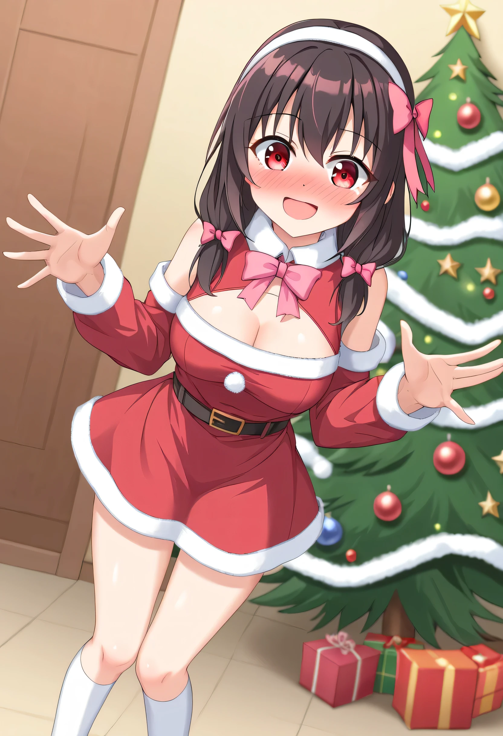 yunyun、masterpiece, best quality,  high definition ,one person, Yunyun、 Former name yunyun,  crown blade the same color as your hair,  black hair、Red eyes、 hair accessories,  hair bow , ( Pink tie :1.2), (santa costume),  Knee Socks , ( chest cutout),( Clevis)、 big-breasted 、(blush)、snow、( Christmas tree:1.2)、Standing、 open my eyes 、Surprised Smile