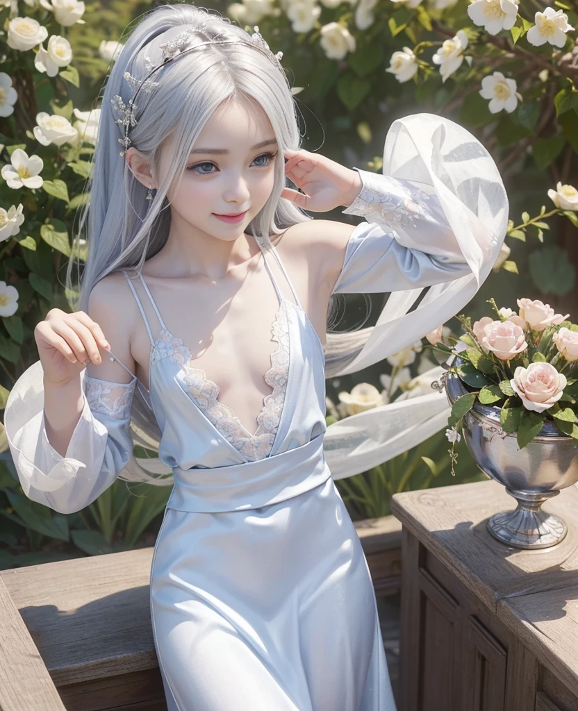 Ultra high quality, masterpiece:1.8,  exquisite:1.8,  ultra high resolution,  Ultra High Definition, Hyperrealistic, 16k, Octane Rendering,  Color Difference, Photorealistic:1.6, Award-winning photo, sharp focus, (((1 girl))), ( pretty girl:1.7), ((Flat Chest:1.5, male chest:1.4)), (完璧な7頭身の pretty girl,  perfect balance ), (( perfect anatomy:1.5)), (( very detailed like a beautiful goddess descended from the sky,  smiles, A very beautiful and cute girl)), Very beautiful and clear skin,  Smooth Skin Like Sparkling Silk ,  very detailed face and skin texture , Small cute face, (Baby Face:1.6),  thin eyebrows:1.2,  double eyelids, ((Big Eyes:1.2)), Very detailed and beautiful eyes, Perfect symmetry and perfect eyes, Perfect Plump Lips, Nose is too small, Petite body:1.6,  Extremely Detailed and Perfect Beautiful Hands :1.2, Beautiful arms, Beautiful thighs,  beautiful legs,  Extremely Beautiful, Lovely, and Seductive Navel ,  very beautiful small and lovely enchanting breasts ,  Extremely Beautiful, and Seductive Navel , erection of nipple,  very beautiful small and cute enchanting areolas , Very beautiful and adorable enchanting female genitalia,  Extremely Beautiful and Seductive Groin , Very beautiful and small and adorable enchanting buttocks,  Extremely Fine and Beautiful White Silver Hair ,  wavy hair, break, Extremely precise and beautiful piercing with jewels , Very fine and beautiful silver bracelet , break, (white, long, china dress, 1girl, long sleeves), ( spring flowers bloom in the large garden of a large mansion , In a large mansion with warm spring sunshine , Calm and Happy Time ),