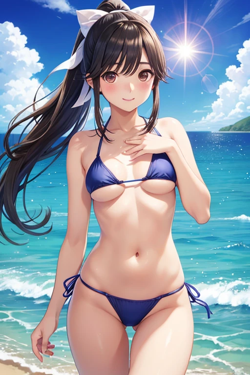 Takane Manaka、  shiny brown long hair、 ribbon ponytail、 beautiful brown eyes 、smile、Sparkling Eyes, (fine grain)、 Highly Detailed Eyes、 very detailed face,  Highly Detailed Eyes, masterpiece,  best quality,  high definition , ( best quality,masterpiece:1.2),Alone,Alone、 cowboy shot、nsfw,

 medium breasts, beautiful legs, Realistic Pictures、 yellow micro bikini、((Midsummer Sea、 lens flare、Outdoor))