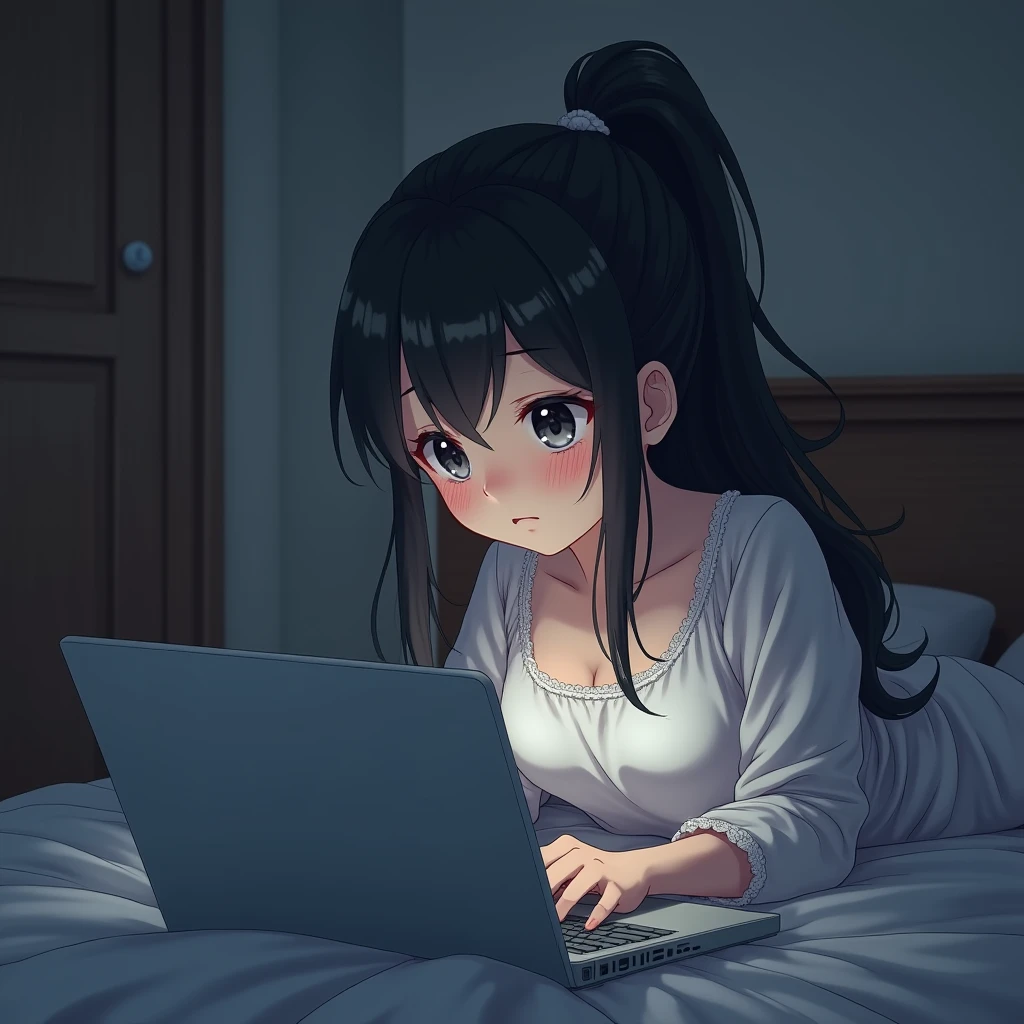 Midnight Research, Room with night lighting, Study table and laptop, And a cute puppy, Chilled and lo-fi vibe, A girl studying or working with headphones on, Midnight view of the city, look at the laptop, Clean and beautiful, Cute puppy sleeping, Lo-fi aesthetic, Chill, Stress relief, midnight, Night Scenery