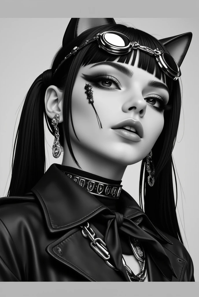   anime style ,   a close up of a woman wearing a cat costume and cat ears,  lenses over his head  ,   black hair ,   tattoos on her face  ,   dog collar on her neck with studs  , chains, earrings ,   long false eyelashes  , cyberpunk art inspired by ross drawings , Art station, Gothic art, ross drawings  1. 0, ross drawings  2. 0, :: ross drawings ,   artwork in the style of Guweiz  , ross drawings  2. 5, ross drawings  portrait, trend in artstration, wlop ross drawings 