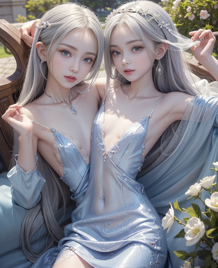 Ultra high quality, masterpiece:1.8,  exquisite:1.8,  ultra high resolution,  Ultra High Definition, Hyperrealistic, 16k, Octane Rendering,  Color Difference, Photorealistic:1.6, Award-winning photo, sharp focus, (((1 girl))), ( pretty girl:1.7), ((Flat Chest:1.5, male chest:1.4)), (完璧な7頭身の pretty girl,  perfect balance ), (( perfect anatomy:1.5)), (( very detailed like a beautiful goddess descended from the sky,  smiles, A very beautiful and cute girl)), Very beautiful and clear skin,  Smooth Skin Like Sparkling Silk ,  very detailed face and skin texture , Small cute face, (:1.6),  thin eyebrows:1.2,  double eyelids, ((Big Eyes:1.2)), Very detailed and beautiful eyes, Perfect symmetry and perfect eyes, Perfect Plump Lips, Nose is too small, Petite body:1.6,  Extremely Detailed and Perfect Beautiful Hands :1.2, Beautiful arms, Beautiful thighs,  beautiful legs,  Extremely Beautiful, Lovely, and Seductive Navel ,  very beautiful small and lovely enchanting breasts ,  Extremely Beautiful, and Seductive Navel , erection of nipple,  very beautiful small and cute enchanting areolas , Very beautiful and adorable enchanting female genitalia,  Extremely Beautiful and Seductive Groin , Very beautiful and small and adorable enchanting buttocks,  Extremely Fine and Beautiful White Silver Hair ,  wavy hair, break, Extremely precise and beautiful piercing with jewels , Very fine and beautiful silver bracelet , break, (black, long, china dress, 1girl, long sleeves), ( spring flowers bloom in the large garden of a large mansion , In a large mansion with warm spring sunshine , Calm and Happy Time ),