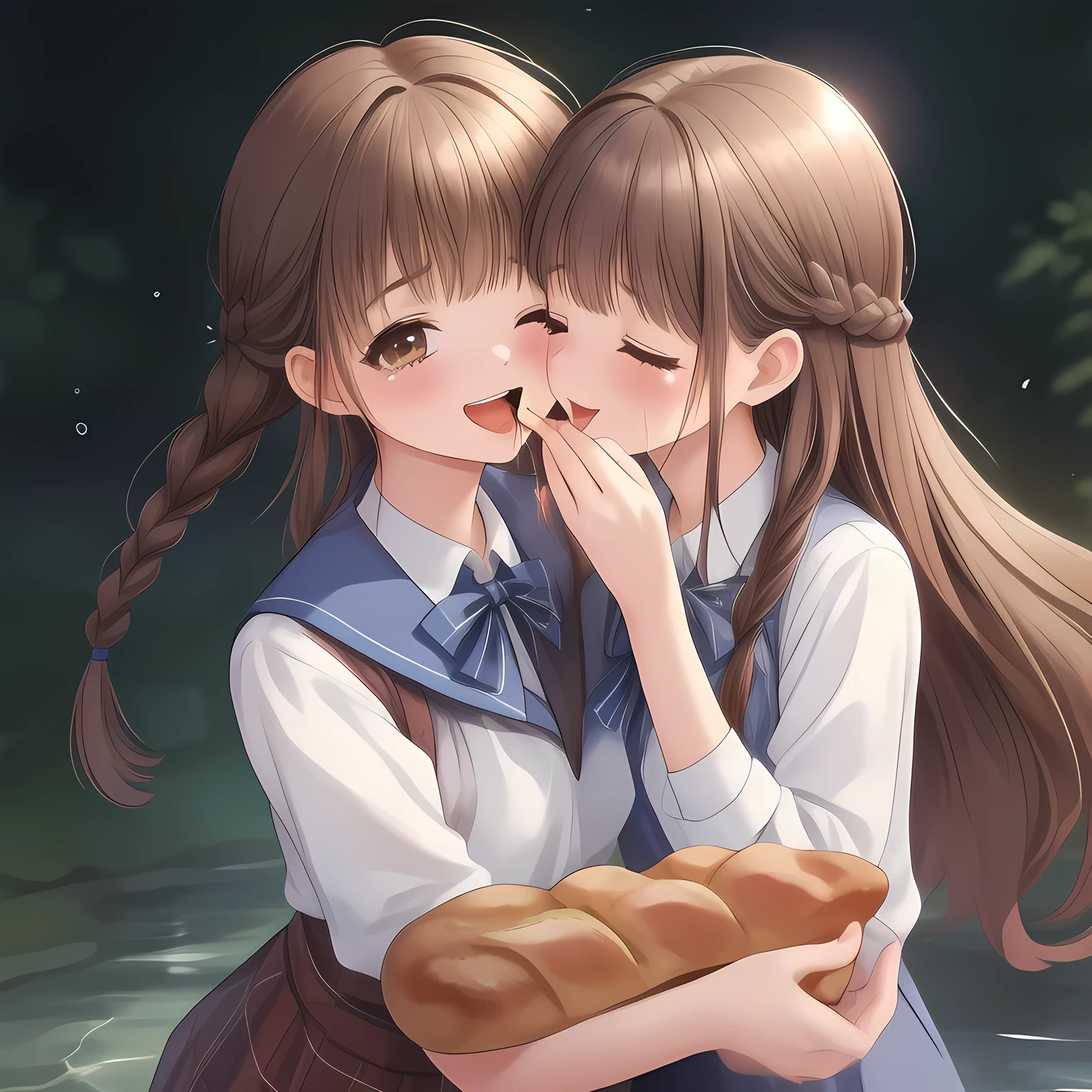 (Highest quality, masterpiece:1.2), Highest quality, High resolution, 1080P, 8k, sharp and clear, (A intelligent so-beautiful sweetest-love-story novel heroines are kissing to and sucking one solid long brown thin straight baguette stick, baguette stick is getting into the mouth crying with much water due to too much pleasure, the girl giving too much unrealistic pleasure to the straight baguette stick to stop bursting,  the long brown straight baguette-stick which stands vertically from the bottom: 1.5), (the baguette screams and white water come out from the baguette due to extreme pleasure of girl's mouth and tongue, the baguette is bursting the  water into their mouth directly like fountain), (A long hair with braids 18yo navy and navy sailor-style school-uniform special-highest-class pretty intelligent sweetest-love-story novel heroines hypnotize me so deeply and quickly, the girl's tongue touches the point of top of baguette , the girl is squeezing the baguette vertically quickly, and the girl is sucking the top of the one baguette), (unrealistic crazy too beautiful dream, black background)