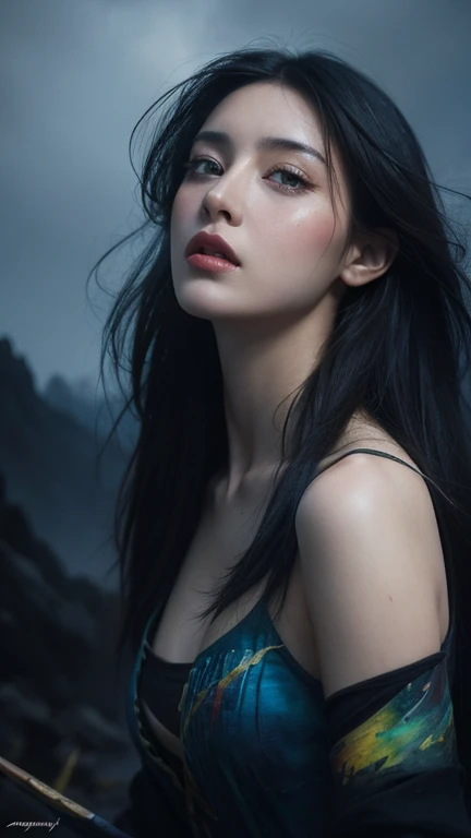 A 16k masterpiece, highest resolution, every detail, meticulousness, depth of field, bright colors, beautiful composition: a teenage girl with black hair and innocent eyes is so beautiful detailed, standing against a dark and ominous landscape. sexy silk dress outfit.