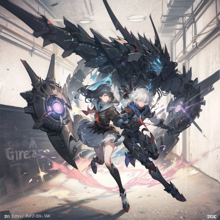 Silver hair, twin drills, abyss, large black wings, jet black sword in one hand, countless swords wrapped around his body, sharp gaze, red light in his eyes, raised corners of his mouth, blue flames, all alone, scary smile, back in front of the camera, one hand on the ground, white and blue vertical striped pants