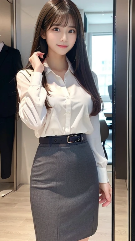 Classy upper-class elite secretary in business shirt, working in an office、Wearing a strict business suit, Wearing pantyhose、Wear high-end high heels、 Girl in a shirt, Wearing a business suit, Wearing a business suit, in a business suit, businesswoman, business clothes, wearing black business suit, Wear shirts and skirts, Woman in business suit, Business attire, business outfit, Raw photo, (8K、top-quality、masterpiece:1.2)、(intricate detailes:1.4)、(Photorealsitic:1.4)、octane renderings、Complex 3D rendering ultra detail, Studio Soft Light, Rim Lights, vibrant detail, super detailing, realistic skin textures, Detail Face, Beautiful detail eyes, Very detailed CG Unity 16k wallpaper, make - up, (detailedbackground:1.2), Exposed thighs!!!,
