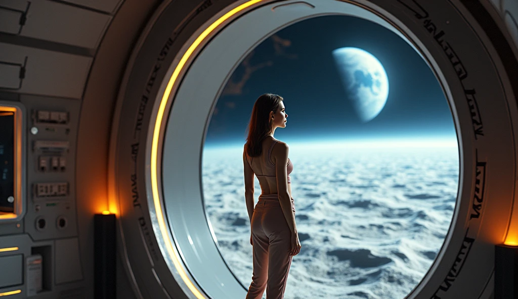 A poignant, cinematic scene set inside the observation deck of a massive space station, with a panoramic window offering a breathtaking view of Earth from orbit. The station’s interior is sleek and futuristic, with soft, ambient lighting casting a gentle glow over the metallic surfaces and the large, curved window that frames the Earth like a living painting. In the foreground, a young woman stands alone, her figure silhouetted against the vastness of space. She gazes out at the blue planet below with a melancholic expression, her posture reflecting a quiet sense of longing and introspection. She is dressed in a form-fitting, modern spacesuit with subtle, glowing accents that hint at advanced technology. Her hair, gently floating in the low gravity, adds to the ethereal quality of the scene.

The Earth, with its swirling clouds and deep blue oceans, appears both close and distant, its beauty amplified by the blackness of space surrounding it. Stars twinkle faintly in the background, adding to the serene yet haunting atmosphere. The lighting inside the station creates soft shadows, accentuating the reflective surfaces and the gentle curves of the structure. The overall mood is one of quiet solitude, capturing the emotional weight of being so far from home, yet connected to it by the fragile thread of sight. The image evokes a sense of wonder, loneliness, and the bittersweet beauty of the cosmos