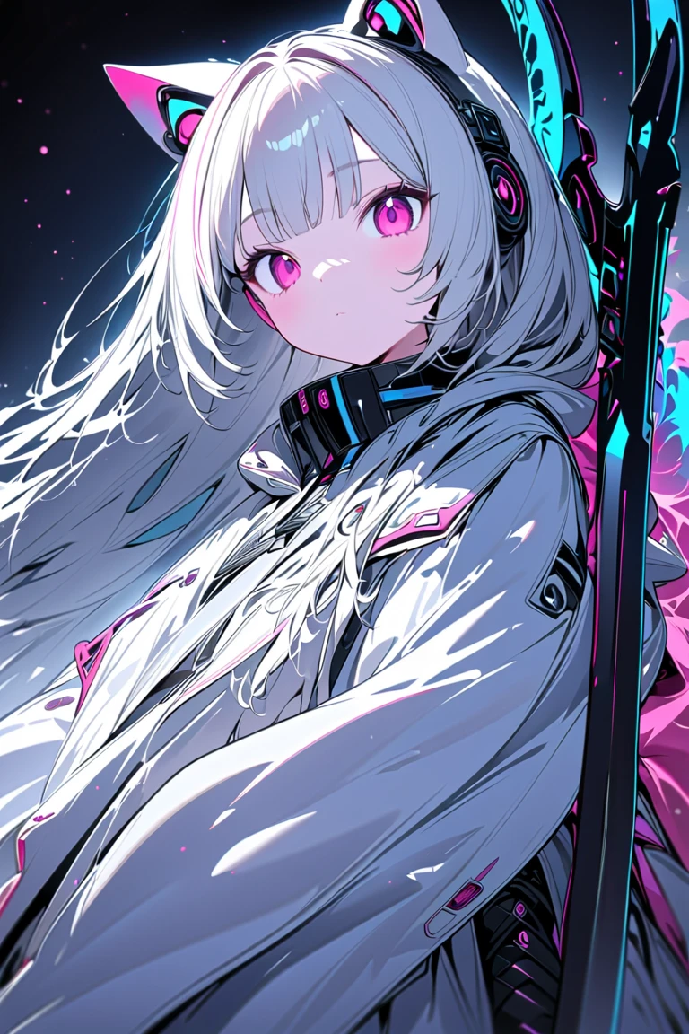 1girl,futuristic,figure of a girl with cat ears and a long,flowing coat,holding a massive scythe with a mechanical  integrated into the blade,standing on a reflective surface with a minimalist,light gray background.,cool illustration,street style,Contrast,masterpiece,best quality,ultra detailed,8k portrait,unity 8k wallpaper,super fine illustration