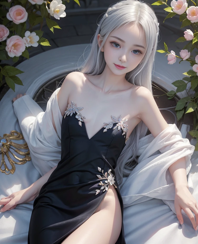 Ultra high quality, masterpiece:1.8,  exquisite:1.8,  ultra high resolution,  Ultra High Definition, Hyperrealistic, 16k, Octane Rendering,  Color Difference, Photorealistic:1.6, Award-winning photo, sharp focus, (((1 girl))), ( pretty girl:1.7), ((Flat Chest:1.5, male chest:1.4)), (完璧な7頭身の pretty girl,  perfect balance ), (( perfect anatomy:1.5)), (( very detailed like a beautiful goddess descended from the sky,  smiles, A very beautiful and cute girl)), Very beautiful and clear skin,  Smooth Skin Like Sparkling Silk ,  very detailed face and skin texture , Small cute face, (Baby Face:1.6),  thin eyebrows:1.2,  double eyelids, ((Big Eyes:1.2)), Very detailed and beautiful eyes, Perfect symmetry and perfect eyes, Perfect Plump Lips, Nose is too small, Petite body:1.6,  Extremely Detailed and Perfect Beautiful Hands :1.2, Beautiful arms, Beautiful thighs,  beautiful legs,  Extremely Beautiful, Lovely, and Seductive Navel ,  very beautiful small and lovely enchanting breasts ,  Extremely Beautiful, and Seductive Navel , erection of nipple,  very beautiful small and cute enchanting areolas , Very beautiful and adorable enchanting female genitalia,  Extremely Beautiful and Seductive Groin , Very beautiful and small and adorable enchanting buttocks,  Extremely Fine and Beautiful White Silver Hair ,  wavy hair, break, Extremely precise and beautiful piercing with jewels , Very fine and beautiful silver bracelet , break, (black, long, china dress, 1girl, long sleeves), ( spring flowers bloom in the large garden of a large mansion , In a large mansion with warm spring sunshine , Calm and Happy Time ),