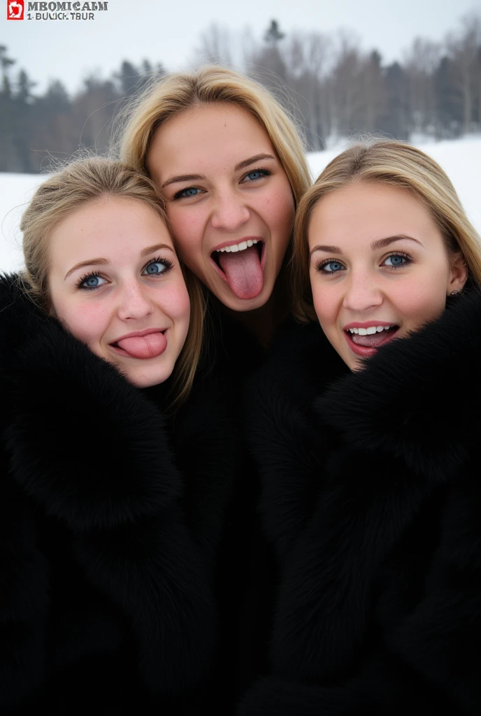  is wearing a fluffy fur coat、Fair-skinned、Russian girls 。Blonde、winter、Black fur、 Voluminous Fur 。(((smile、 sexy pose、Armpits)))3 people　。3 GIRLS 。
Amateur photography selfie of a young crazy female with open mouth and [uvula|tongue|uvula], [laughing|yawning|laughing], looking eyes at camera, sweatpants, Bra, standing, sneakers, ultra high quality, very detailed skin (skin pores, blemishes, tiny freckles [and moles ]) [tastebuds on tongue] [:perfect eyes:0.24] 