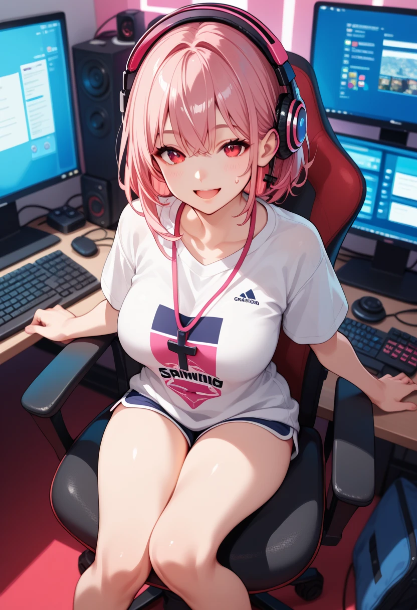 Big Breasts、Wearing plain pink pajamas、Wearing short plain shorts、Sitting on a gaming chair、whole body、uhd、(masterpiece:1.2)、Best Quality、High resolution、Award-winning、Highly detailed her、Pink hair&red、Happy crying face、Tears of joy、Crying happily、Hands in moon pose
