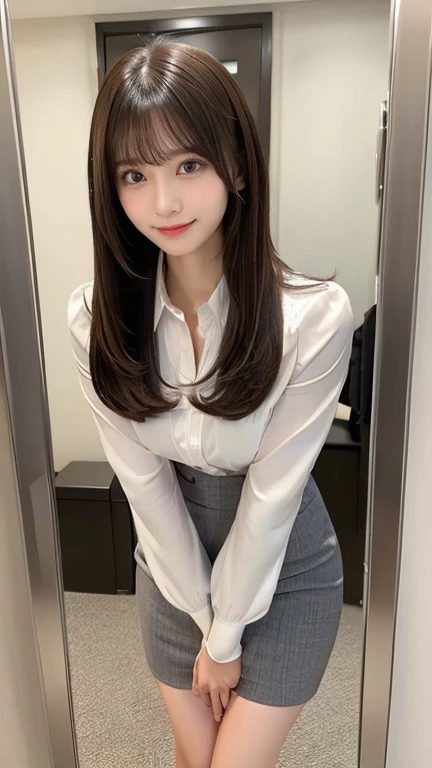 (A GIRL: 1.6), (lora:russianDoll:0.4), (lora:TaiwanDoll:0.4), (best quality, 8k, masterpiece: 1.3), focus 1.2, perfect body beauty: 1.4, highly detailed face and skin texture, detailed eyes, double eyelids, whitened skin, long hair split edges, (round face: 1.5)), perfect fingers, perfect limbs, looking at the audience, leaking teeth and laughing, secretary, assistant, business suit, Tight skirt, legs, sitting in skyscraper office using computer, sitting next to audience, window, sunset, (full body: 1.1), computer, monitor, laptop, documents, bookshelf, office materials